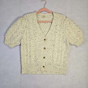 a.n.a. Cable Knit Cardigan Womens XL Cream Speckled Puff Sleeve Cottagecore